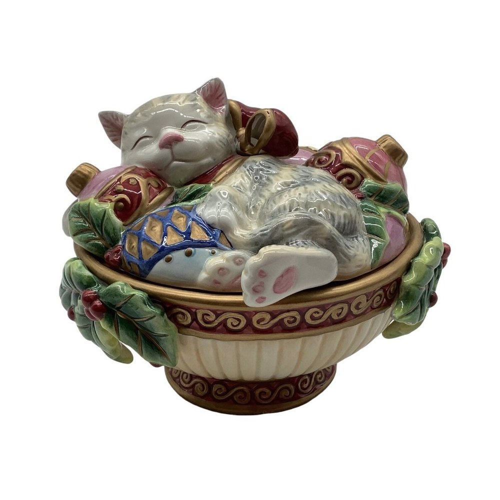 Fitz and Floyd Cat with Ornaments Candy Dish